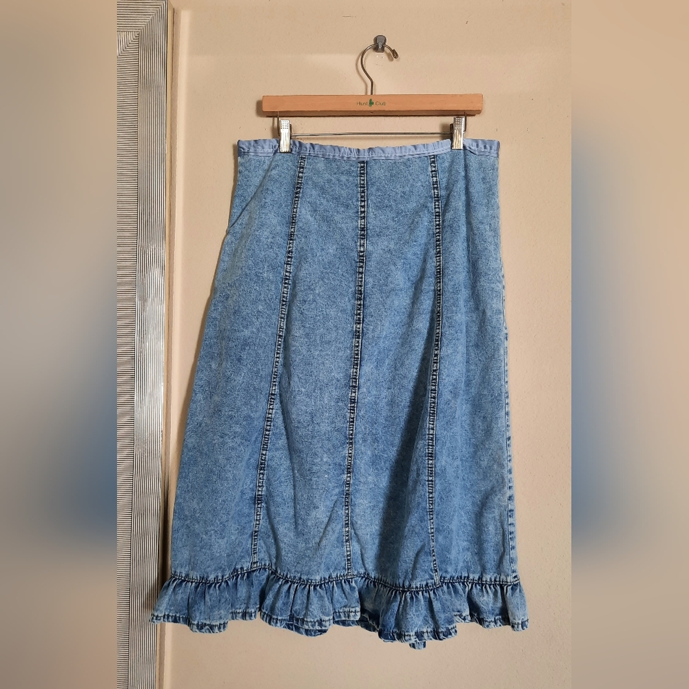 Denim Midi Skirt Ruffle Button Down Tie Peasant Cottage Coastal Cowgirl - Picture 6 of 6